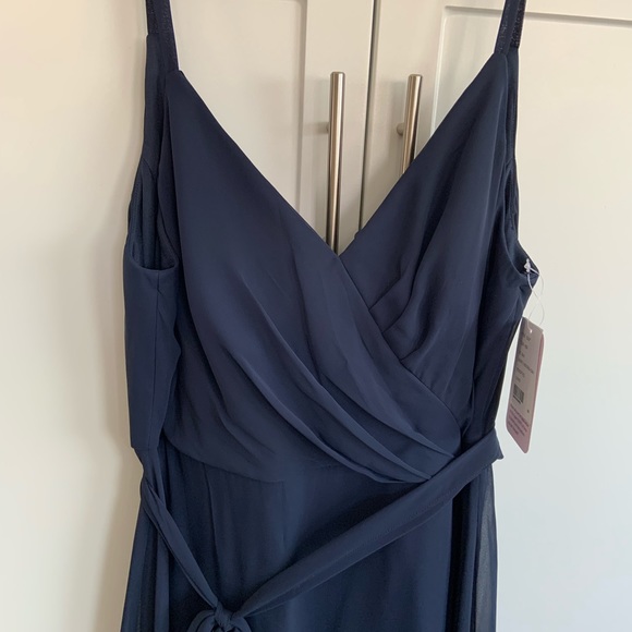 After Six Navy Blue Floor Length Gown with Sash - Picture 2 of 5